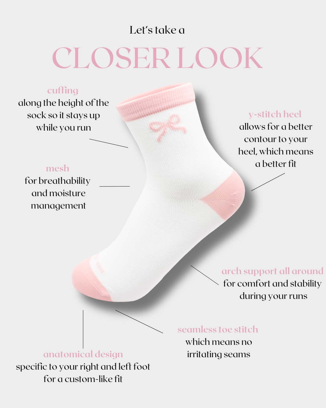 Pink Bow Women's Running Socks | Ultra Light Quarter Socks