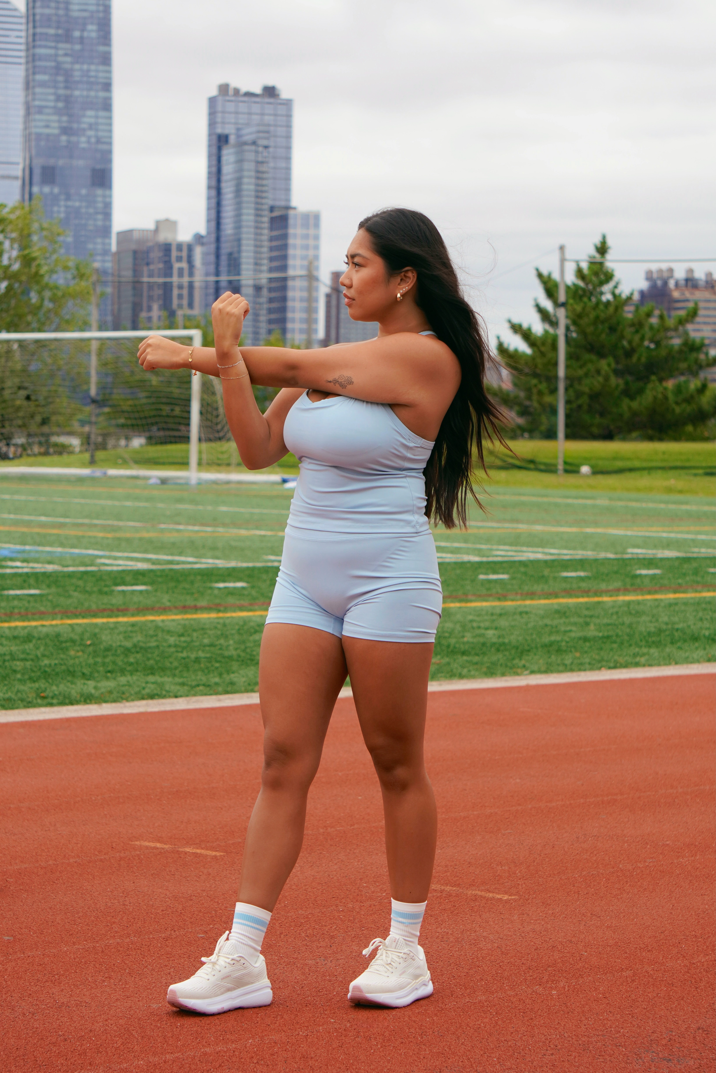 Model wearing Blue Classic Stripes Half Crew Running Sock