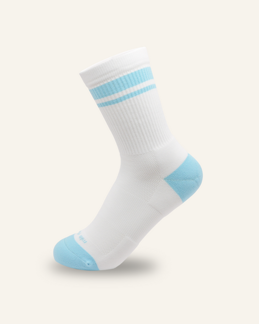 White Running Sock with Blue Stripes and Accents