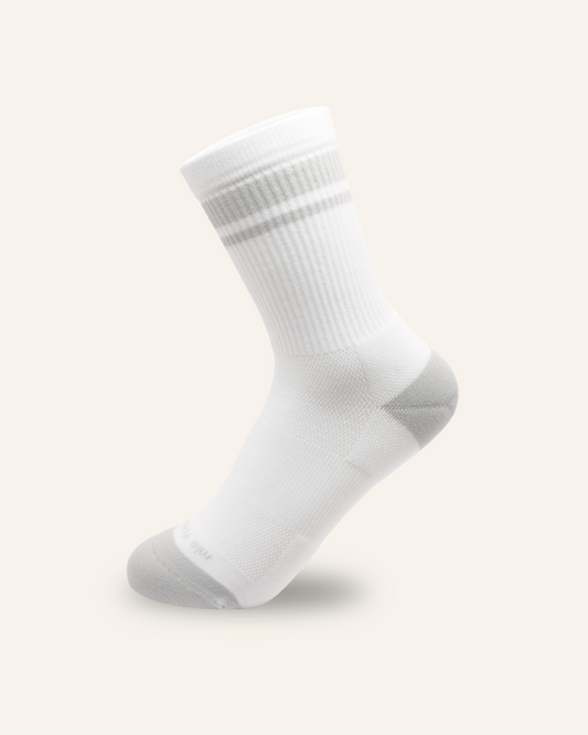White Running Sock with Gray Stripes and Accents